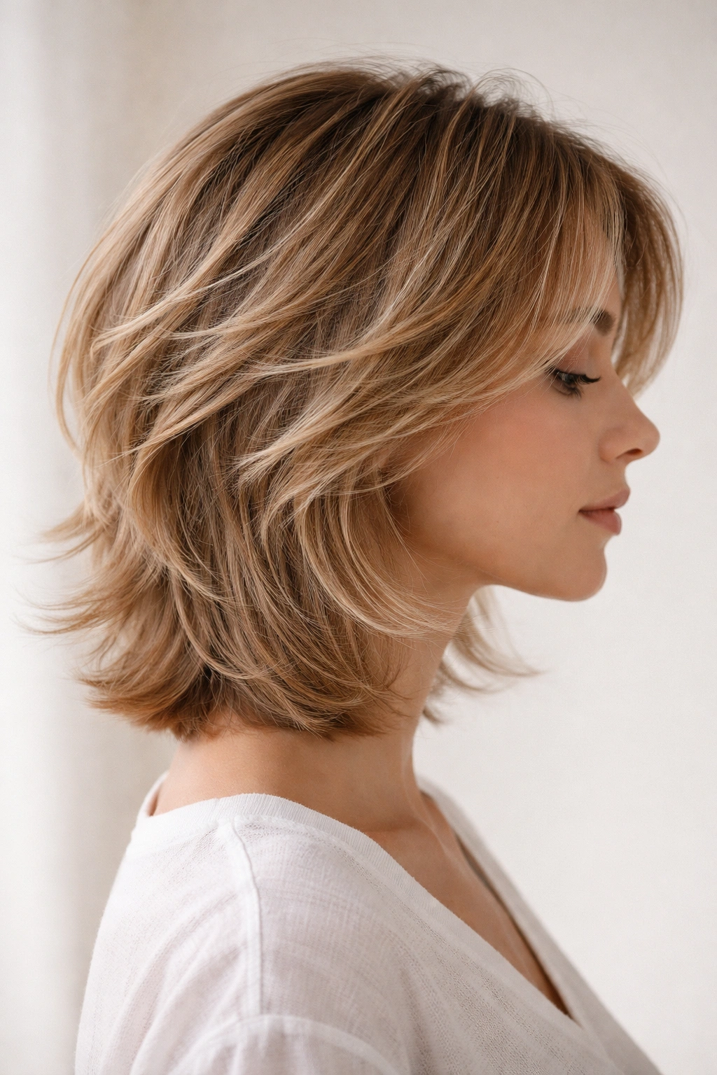 Close-up of neck-length razor-cut feathered layers showing wispy, separated strands.