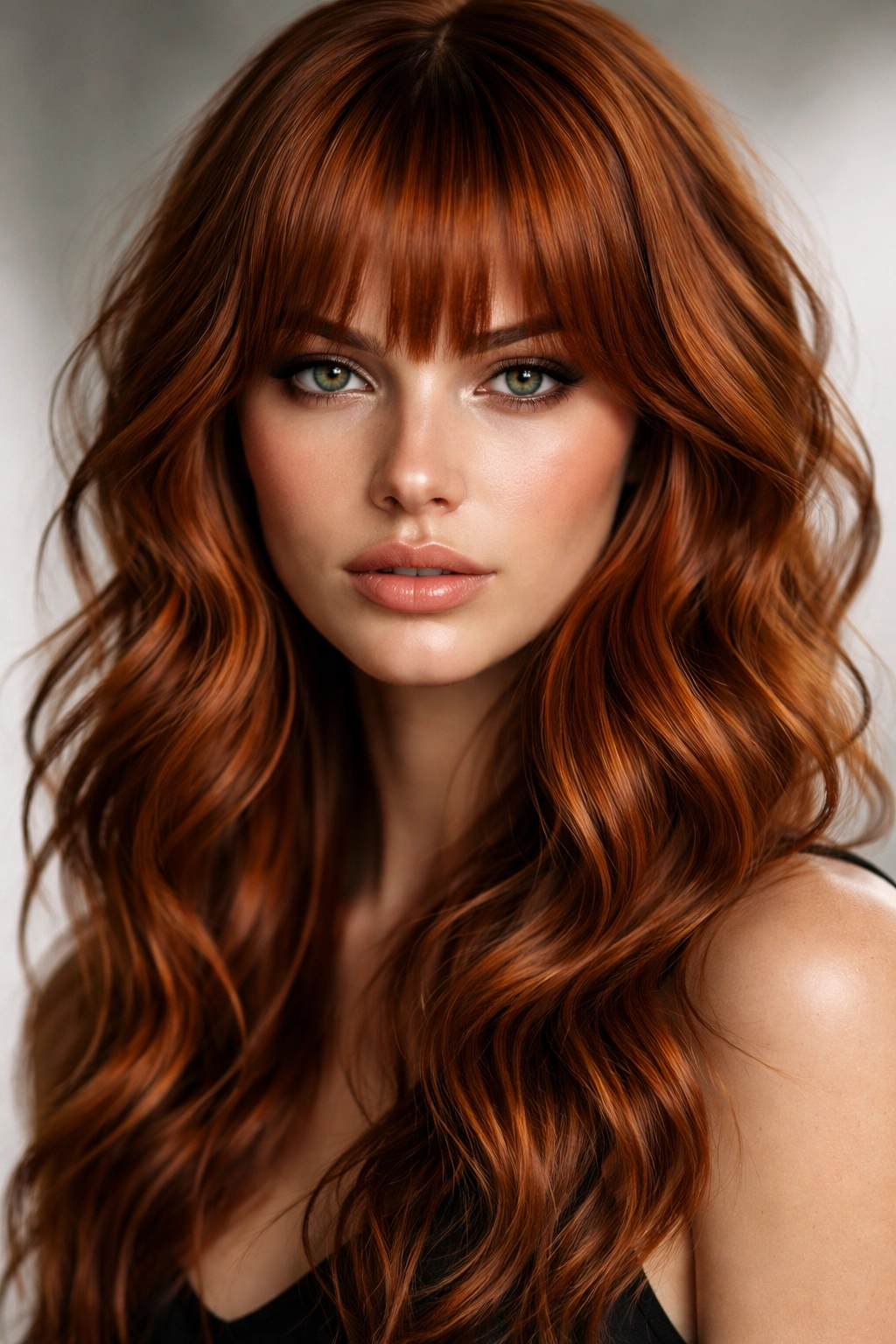 Close-up of a model with razor-cut ginger bangs and sharp waves