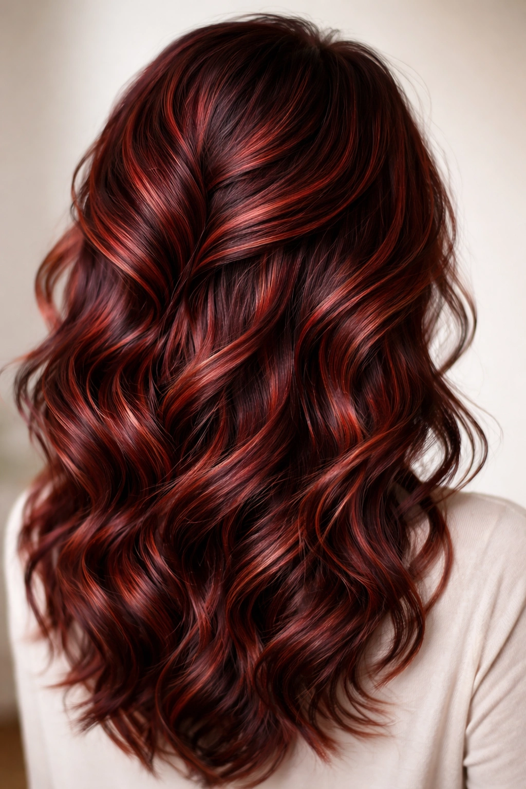 Voluminous crown waves with red balayage for dimension.