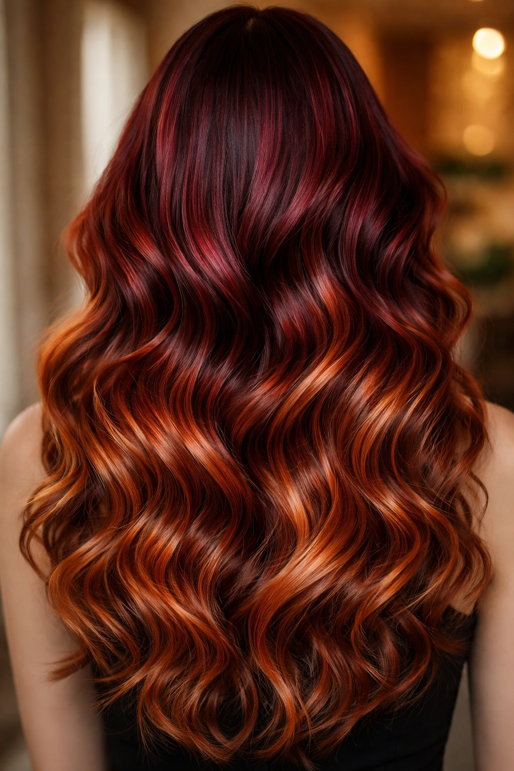 Waves showcasing dark red roots transitioning to copper ends