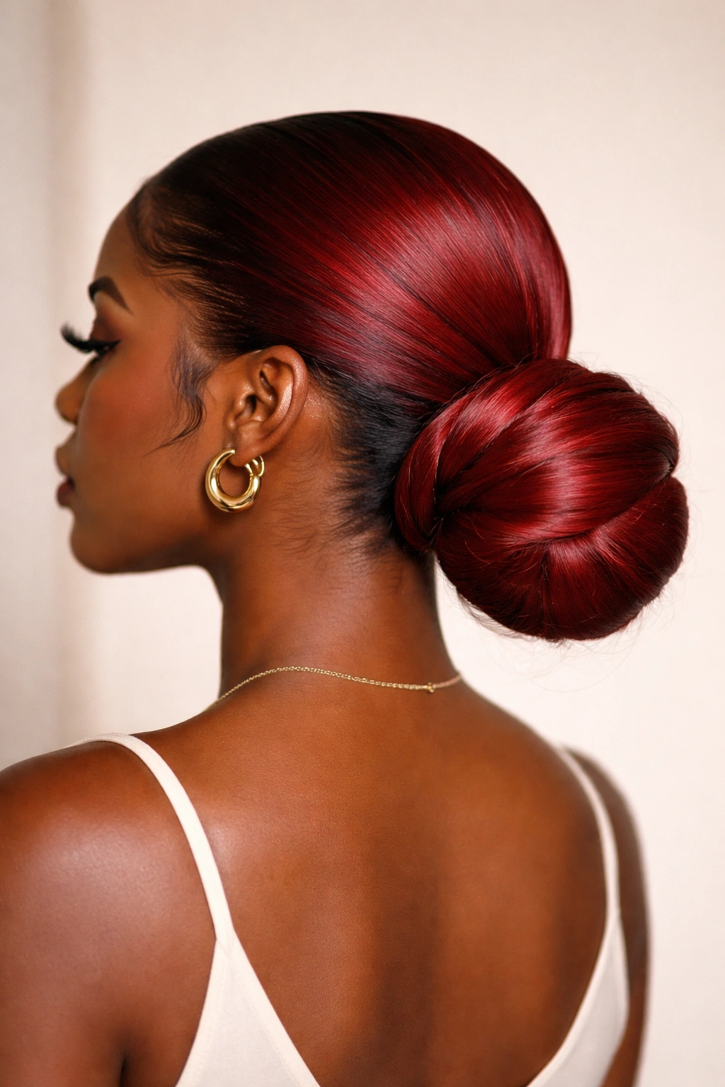Low ponytail wrapped into a bun at the nape in red hair