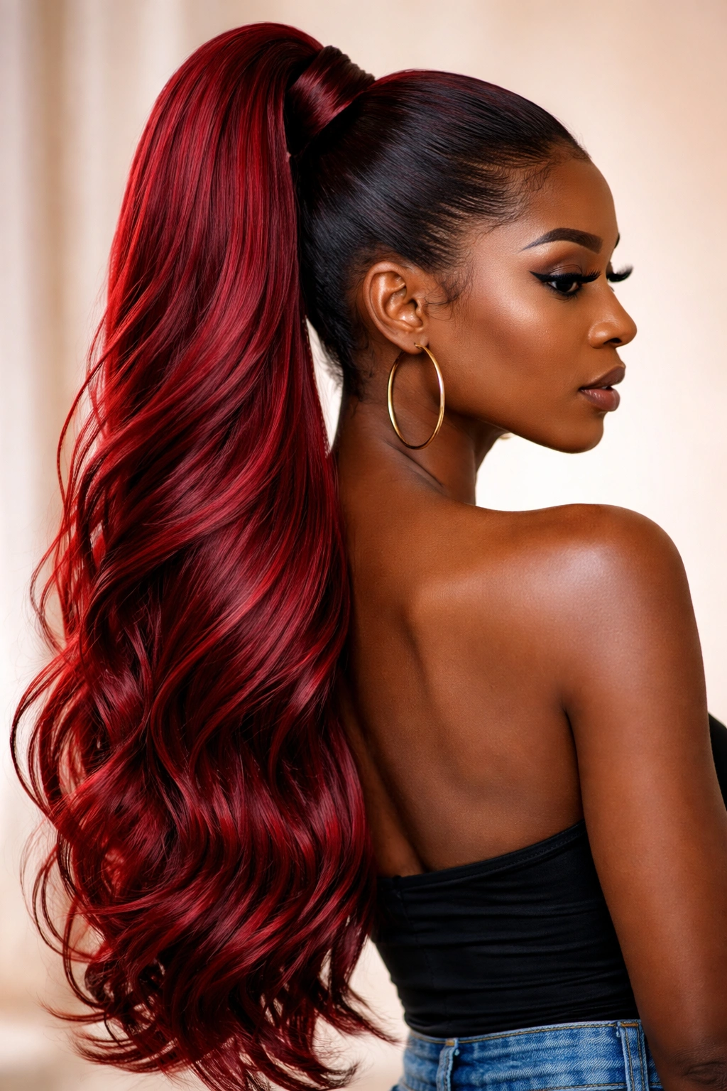 Long red ponytail with color-matched extensions blended seamlessly
