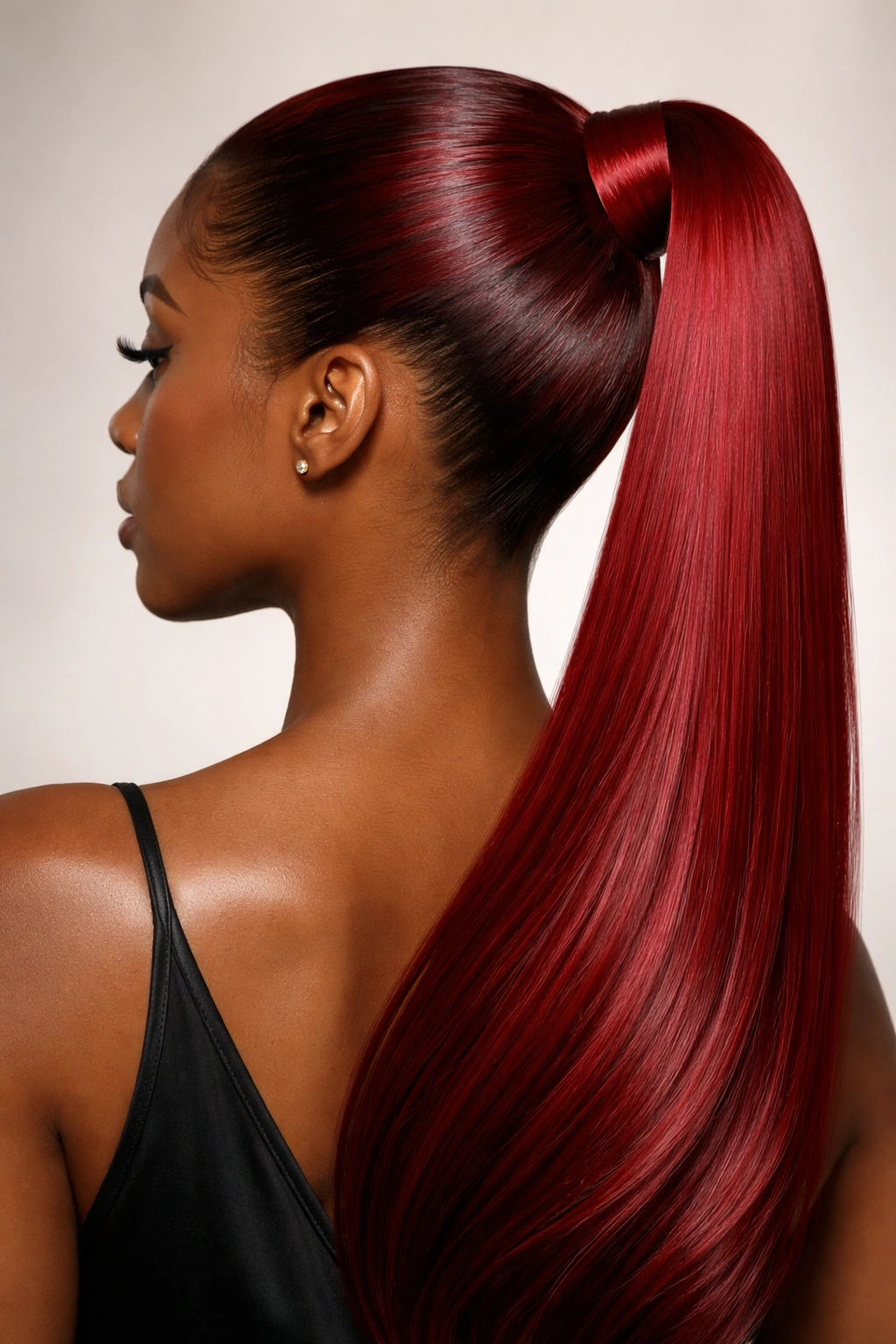 Close-up of glossy red ponytail with gold metallic band at base