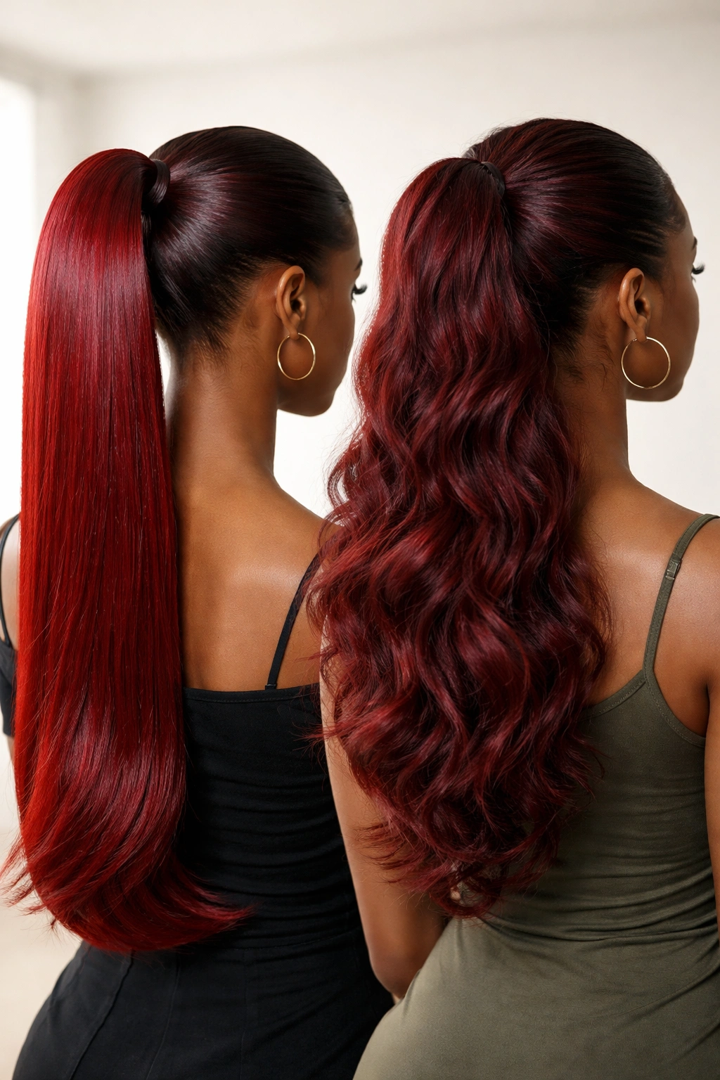 Red ponytail with sleek and textured styles showing shine and texture