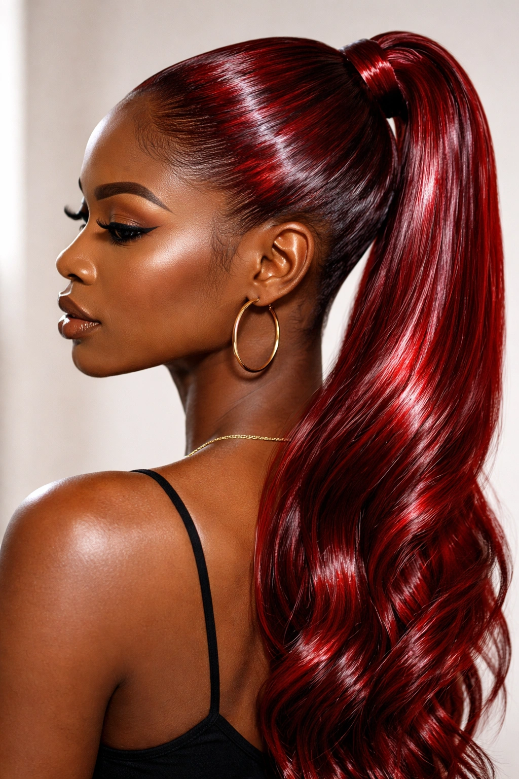 Red ponytail with glossy wet-look shine