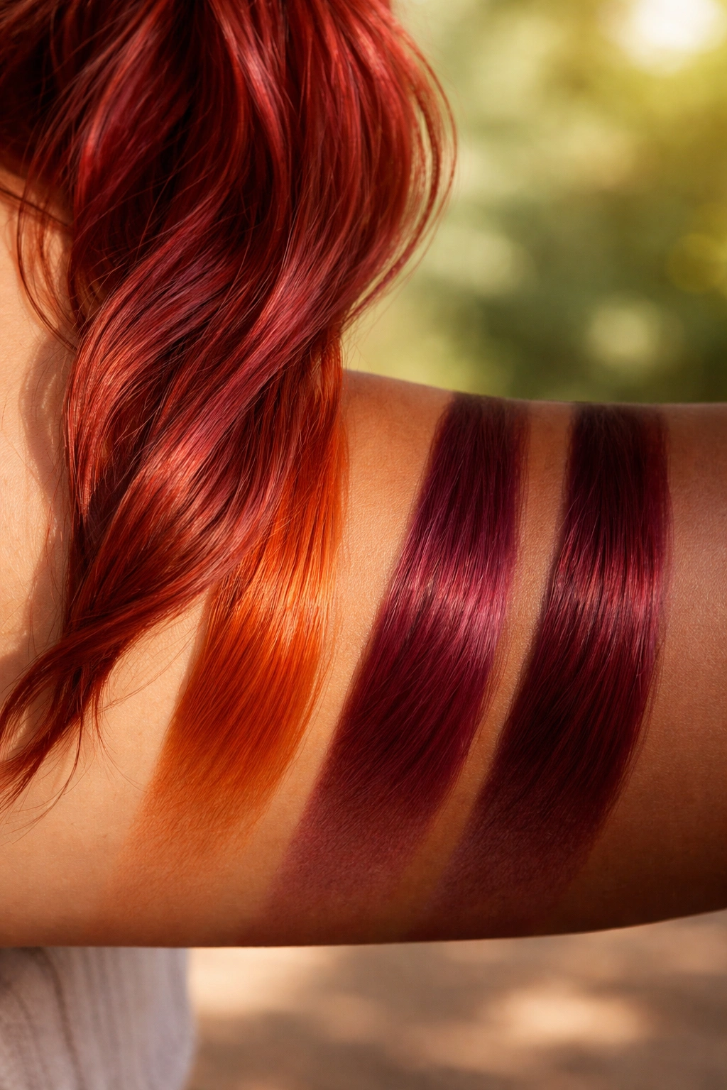Close-up of a red strand with warm copper and burgundy undertones against skin-tone gradient