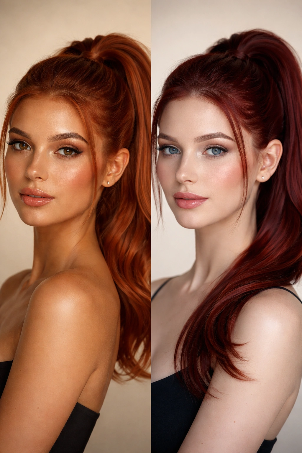 Close-up portrait showing red hair tones and skin undertones under split lighting