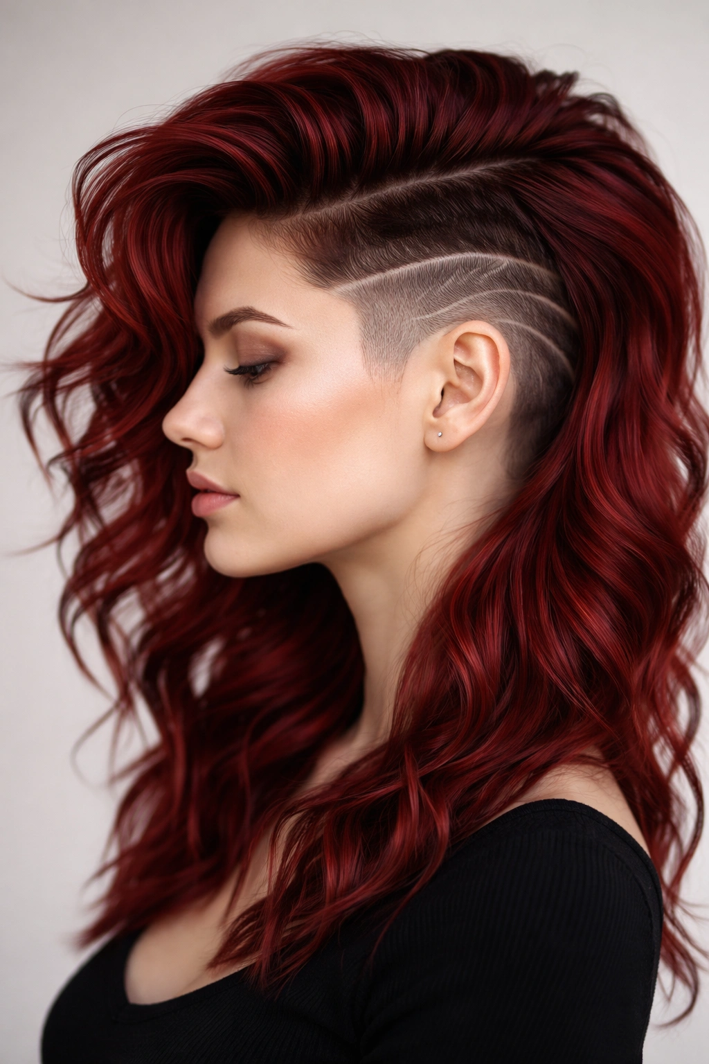 Red waves atop an undercut design visible on the sides