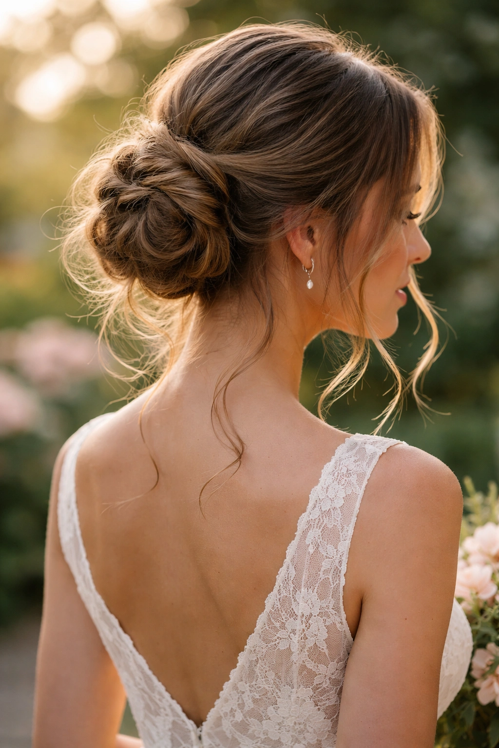 Relaxed wrapped bun with loose tendrils for a romantic bridal look