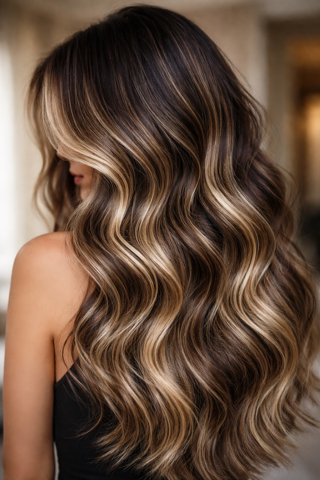 Close-up of long hair with reverse balayage showing dark roots, light base, and hidden blonde underlayers