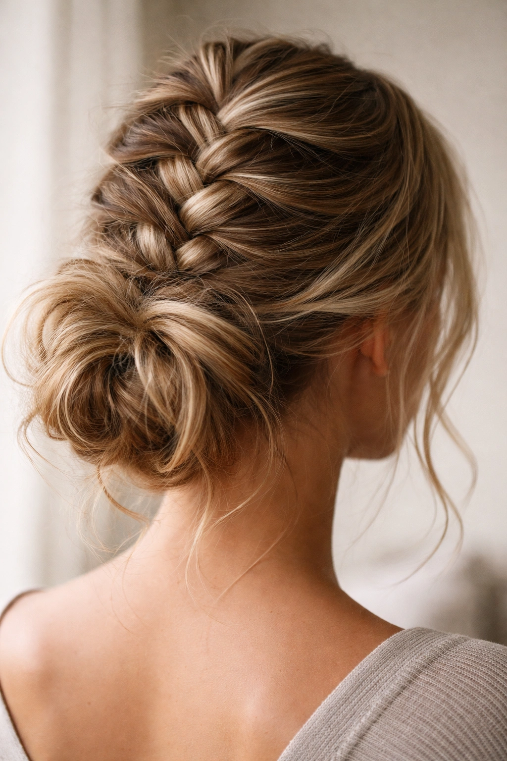Close-up of reverse French braid (inside-out) transitioning into a textured messy bun at the back of the head