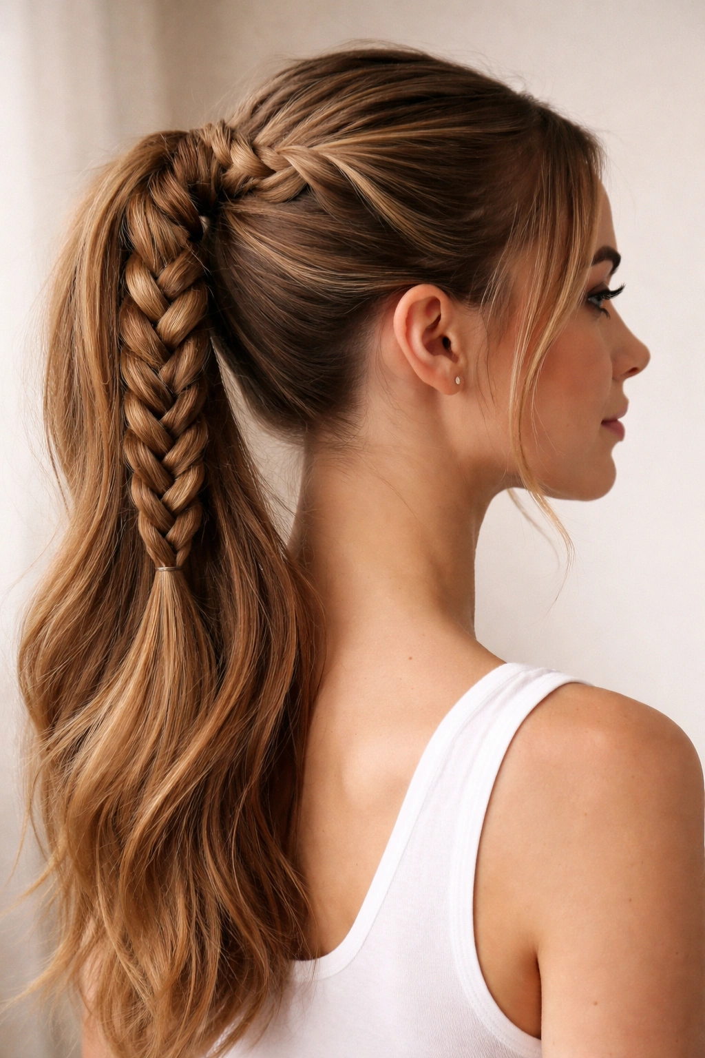 Low ponytail with a braid braided upward creating reverse-style texture