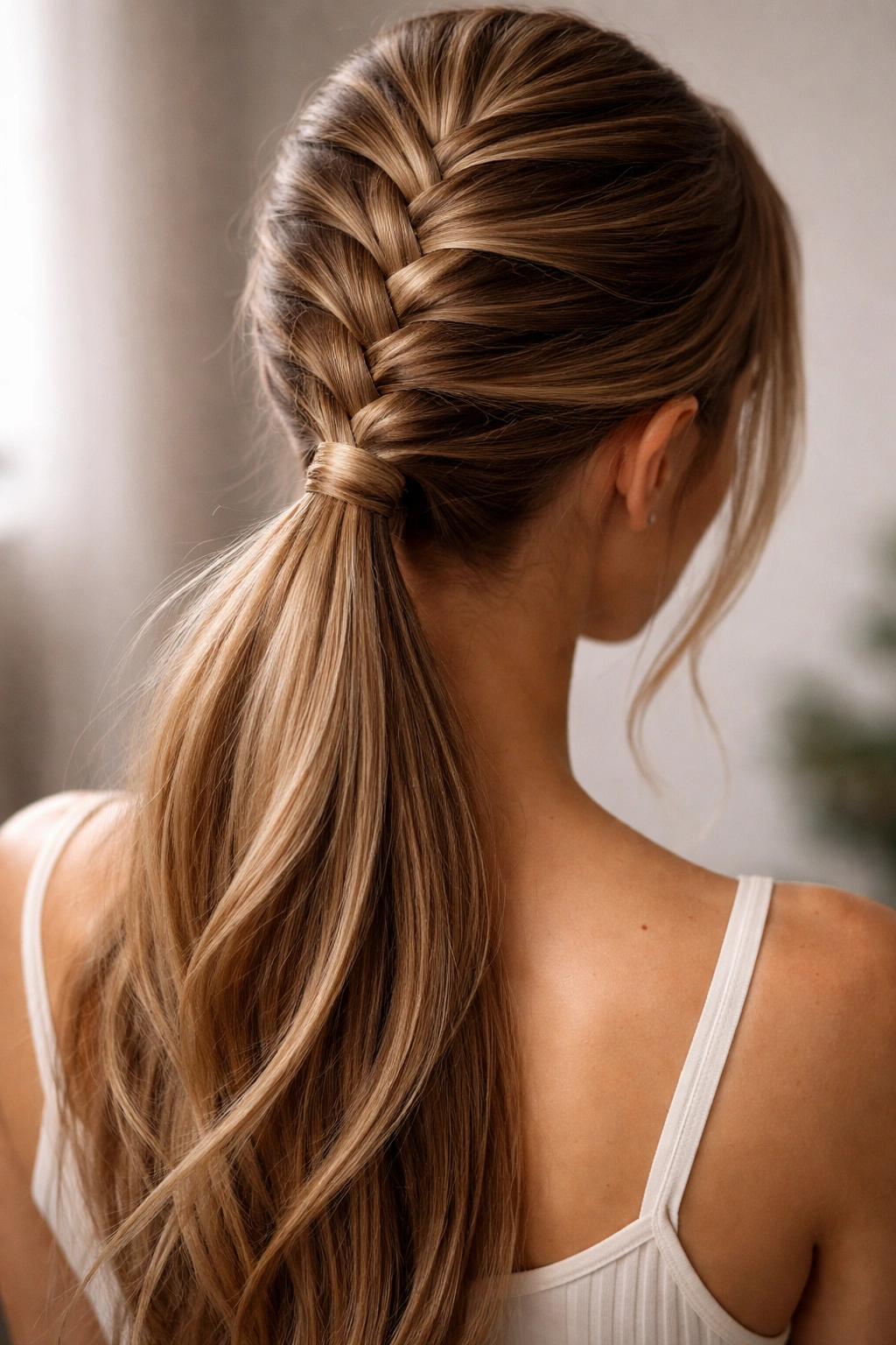 Inside-out reverse braid rising along the scalp into a ponytail