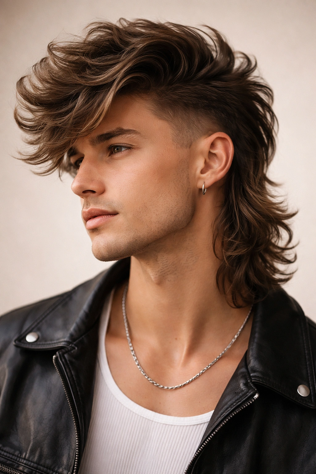 Mullet with front-length flowing waves and shorter back for a reverse flow look