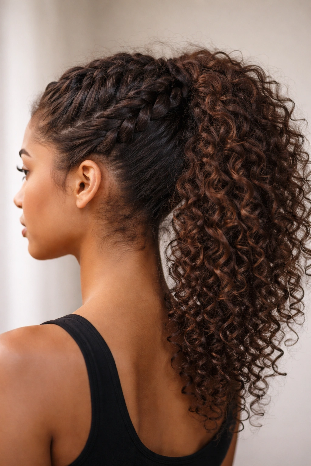 Reverse French braid ponytail on curly hair with elevated braid