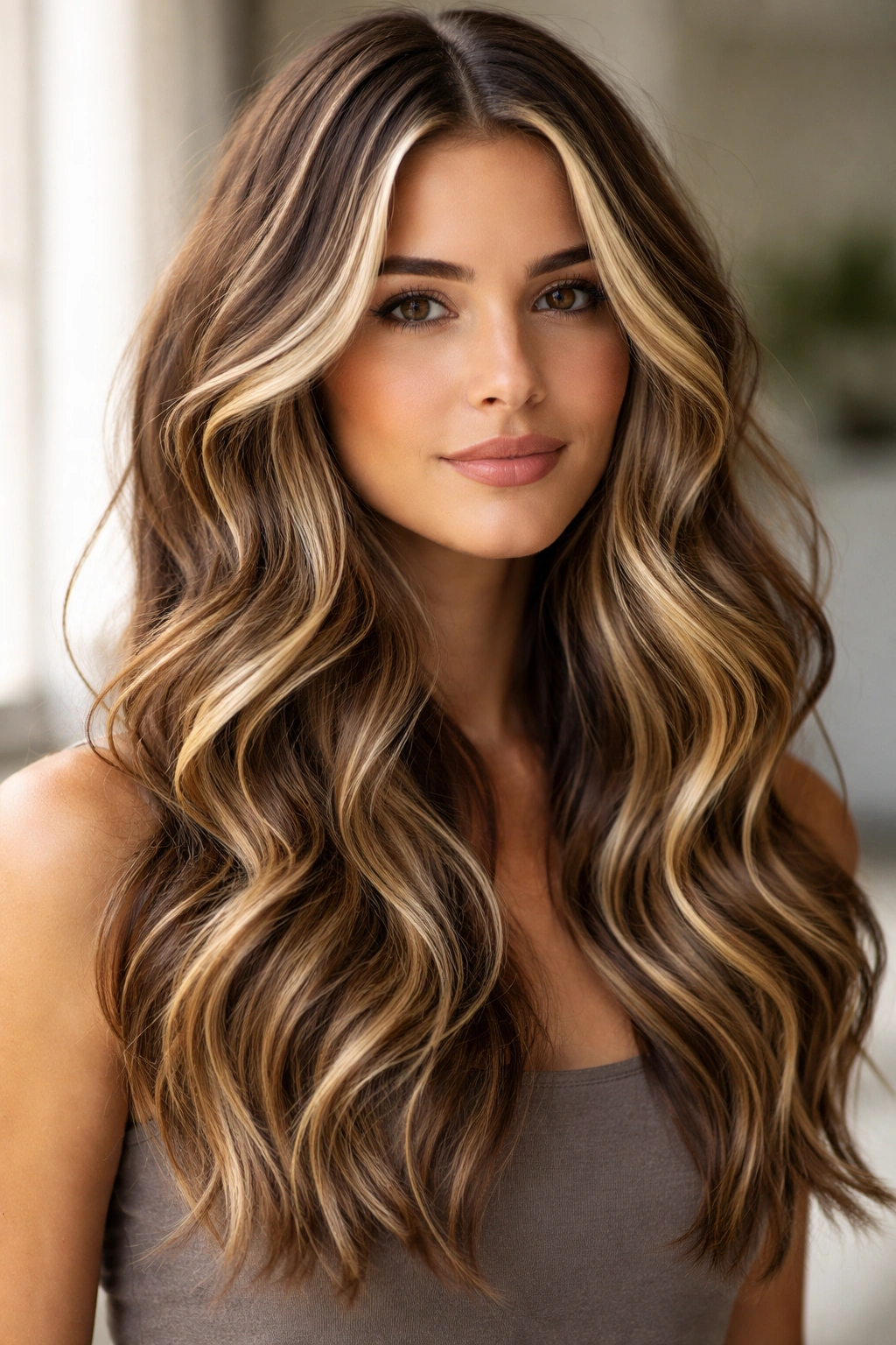 Ribbon balayage with loose waves and blonde streaks