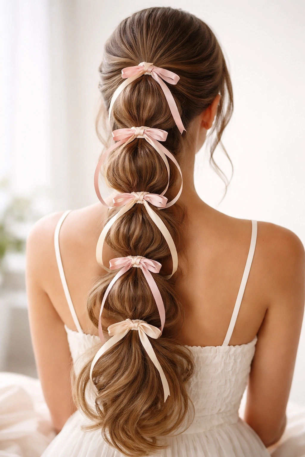 Bubble ponytail with ribbons woven through the bubbles
