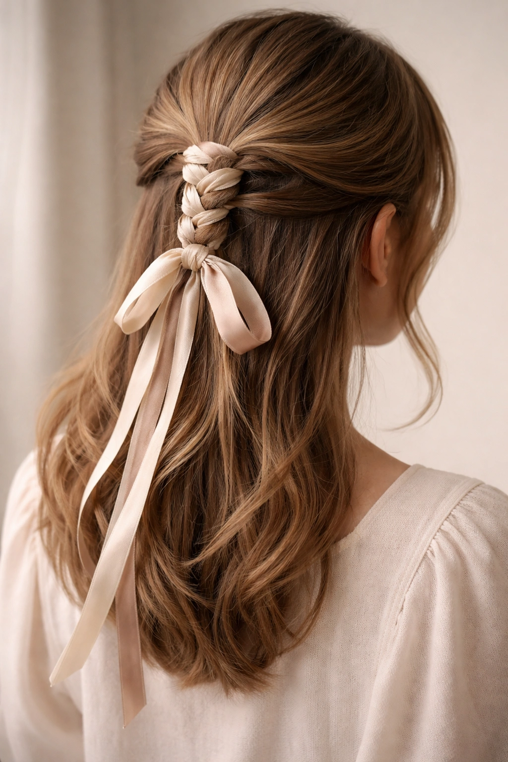 Close-up of a half-up hairstyle woven with a ribbon or cord wrapped around the base
