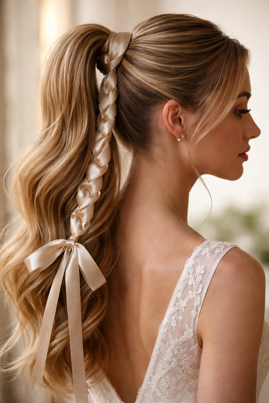 High ponytail with silk ribbon woven around the base