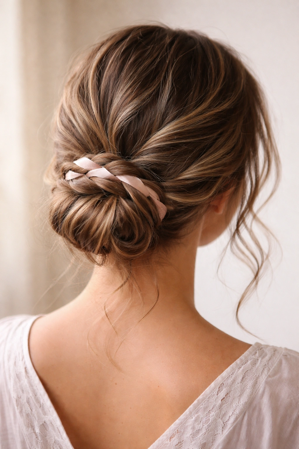 Low bun with a thin ribbon woven through hair