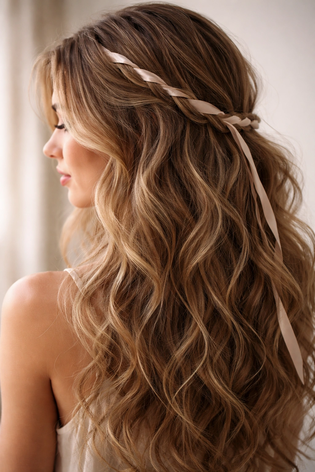 Ribbon woven through soft waves creating a decorative hair detail