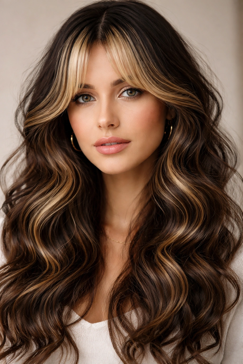 Model with ribboned waves and two-tone curtain bangs