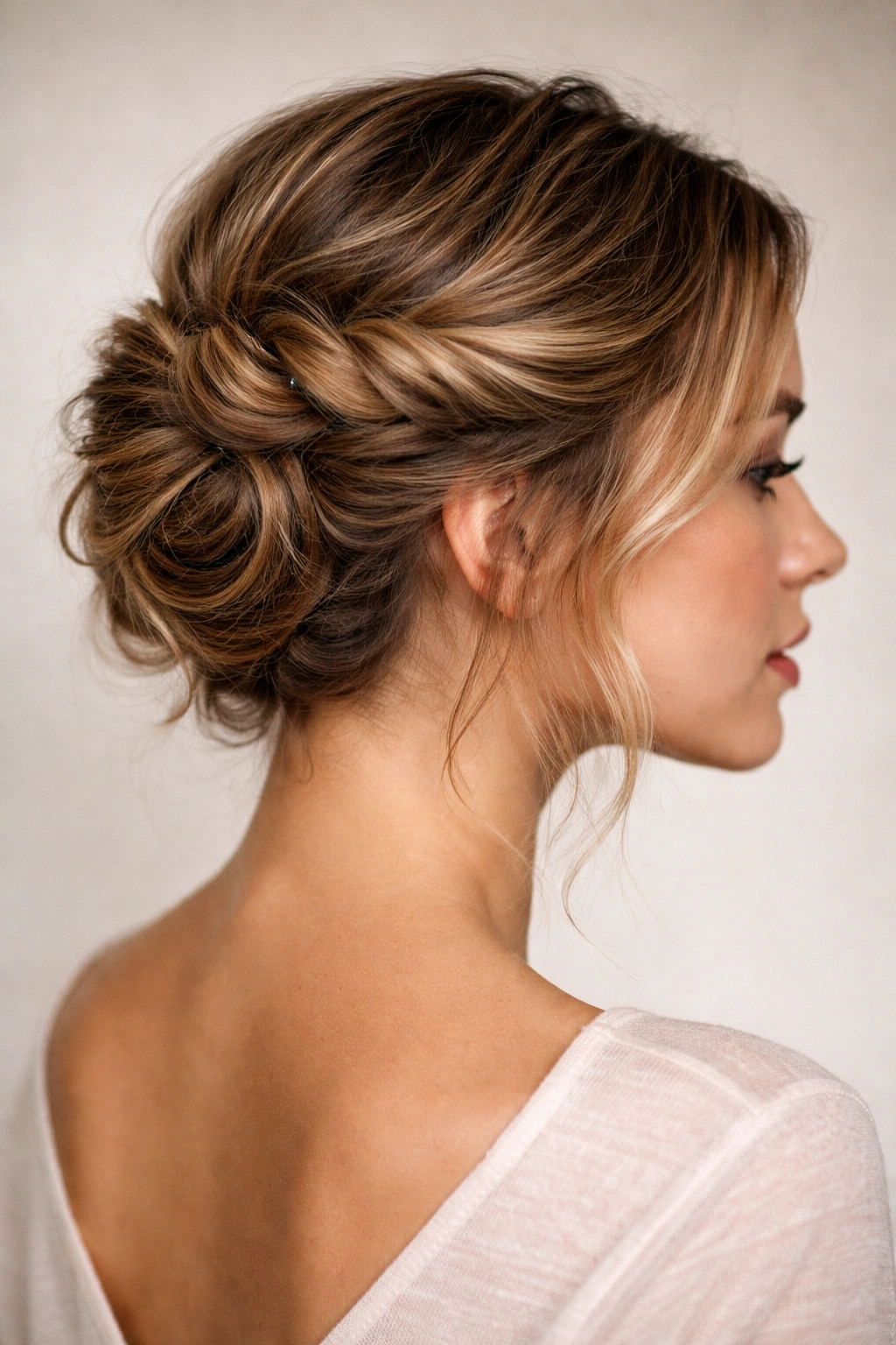 Close-up of rolled crown updo on short wavy hair with pins