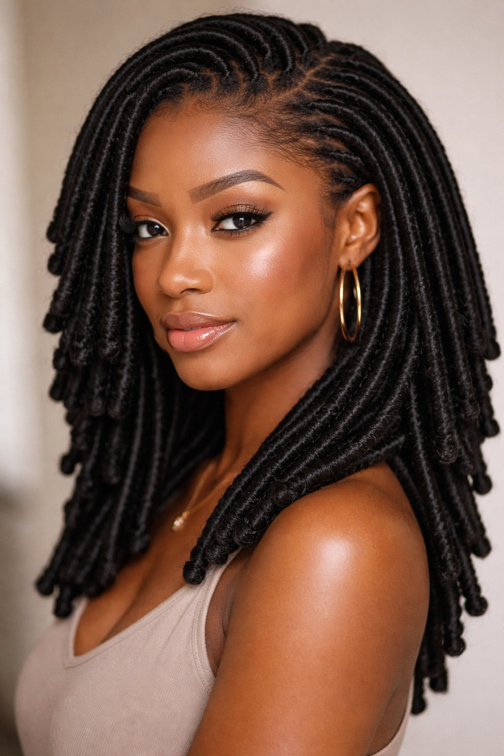 Close-up of rolled locs with smooth cylindrical texture