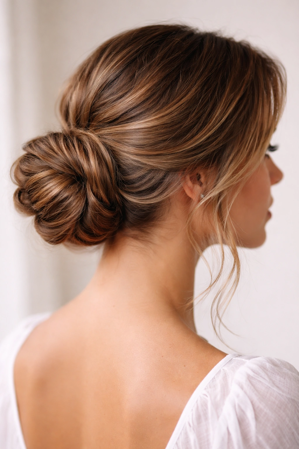 Low side rolled bun on wavy hair with soft texture