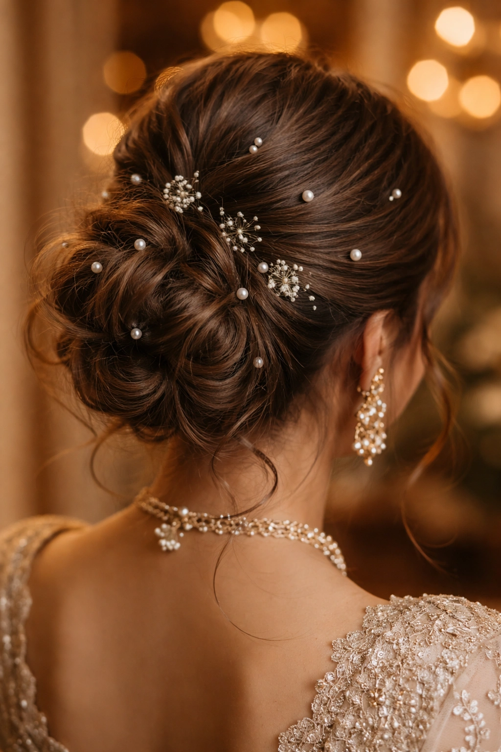 Soft textured romantic bun with scattered pearl pins and tiny flowers