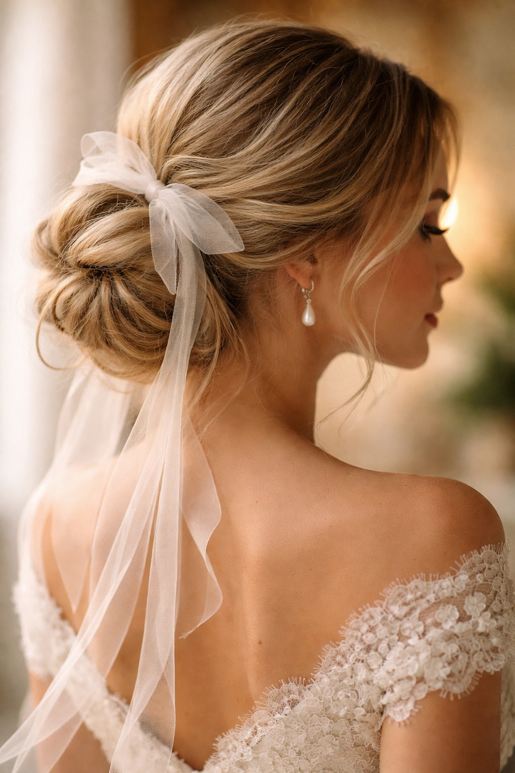 Close-up of a romantic low bun woven with tulle and ribbon for a wedding look