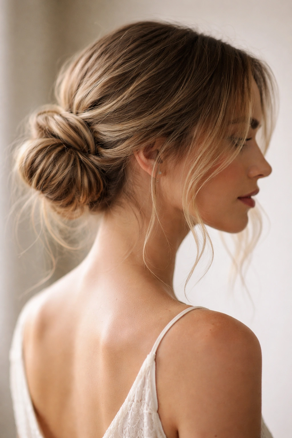Close-up of a textured low bun with wispy face-framing pieces in soft studio light