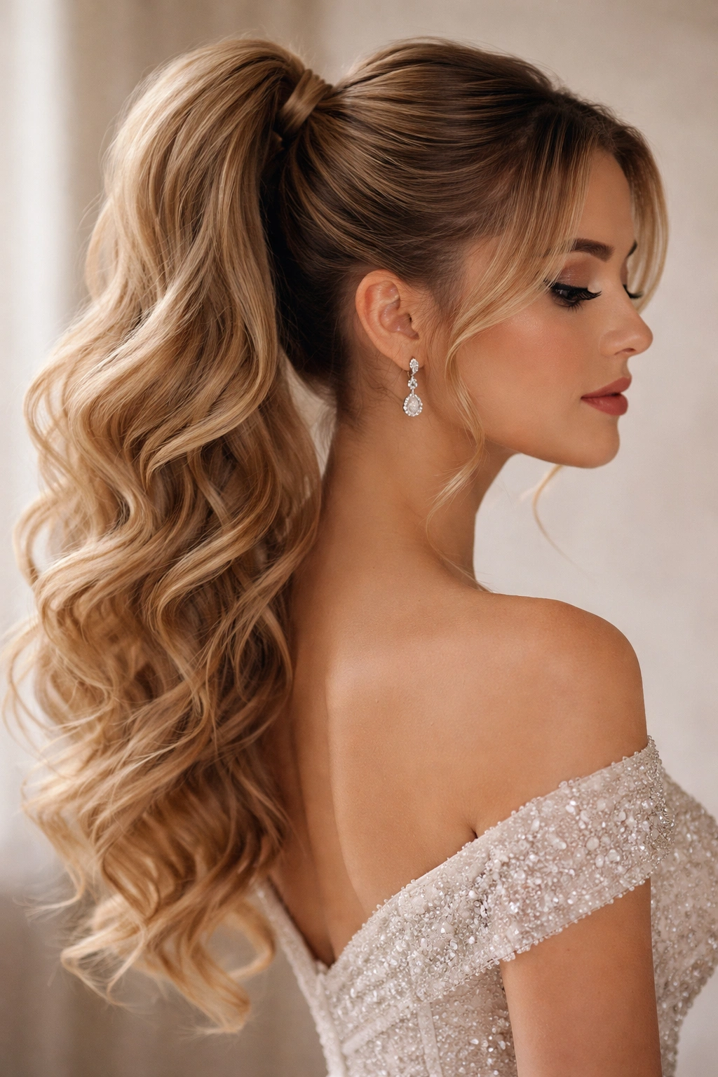 Romantic curled high ponytail with soft, defined curls