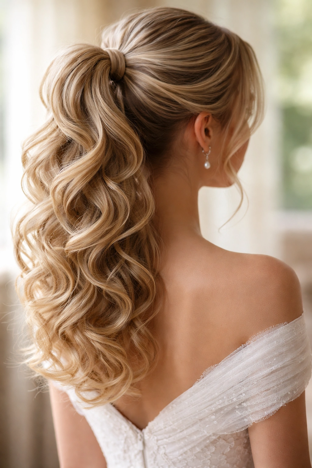High ponytail with looping curls forming a soft romantic updo