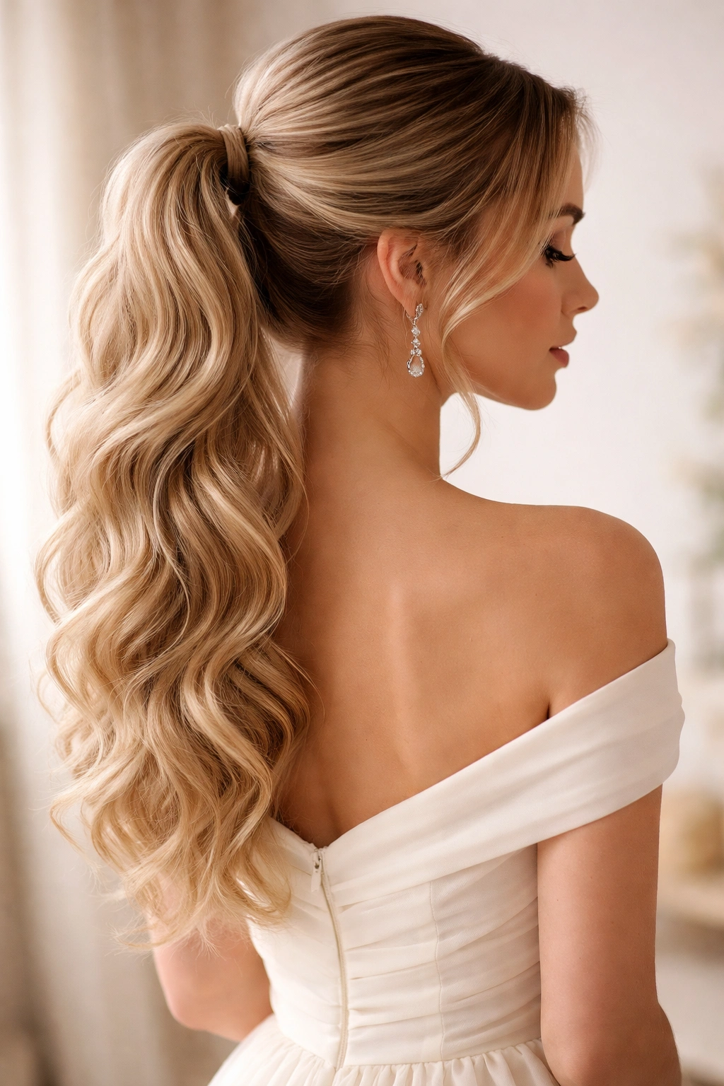 Soft loose waves flowing from a ponytail for a romantic look