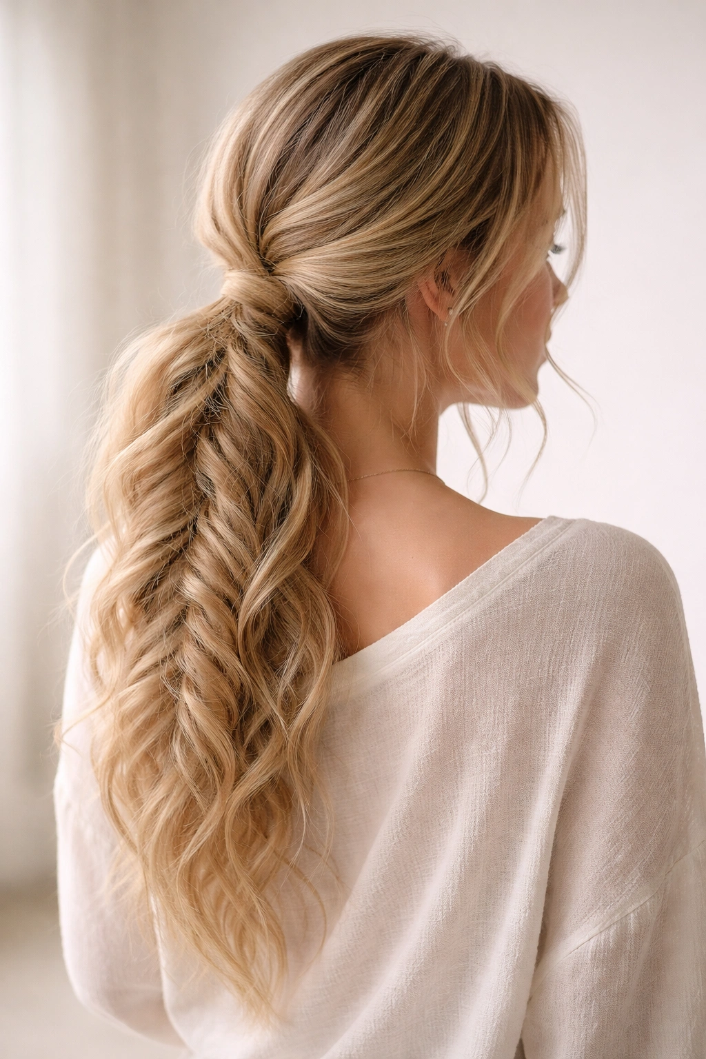 Loose romantic fishtail ponytail with widened braid and soft texture