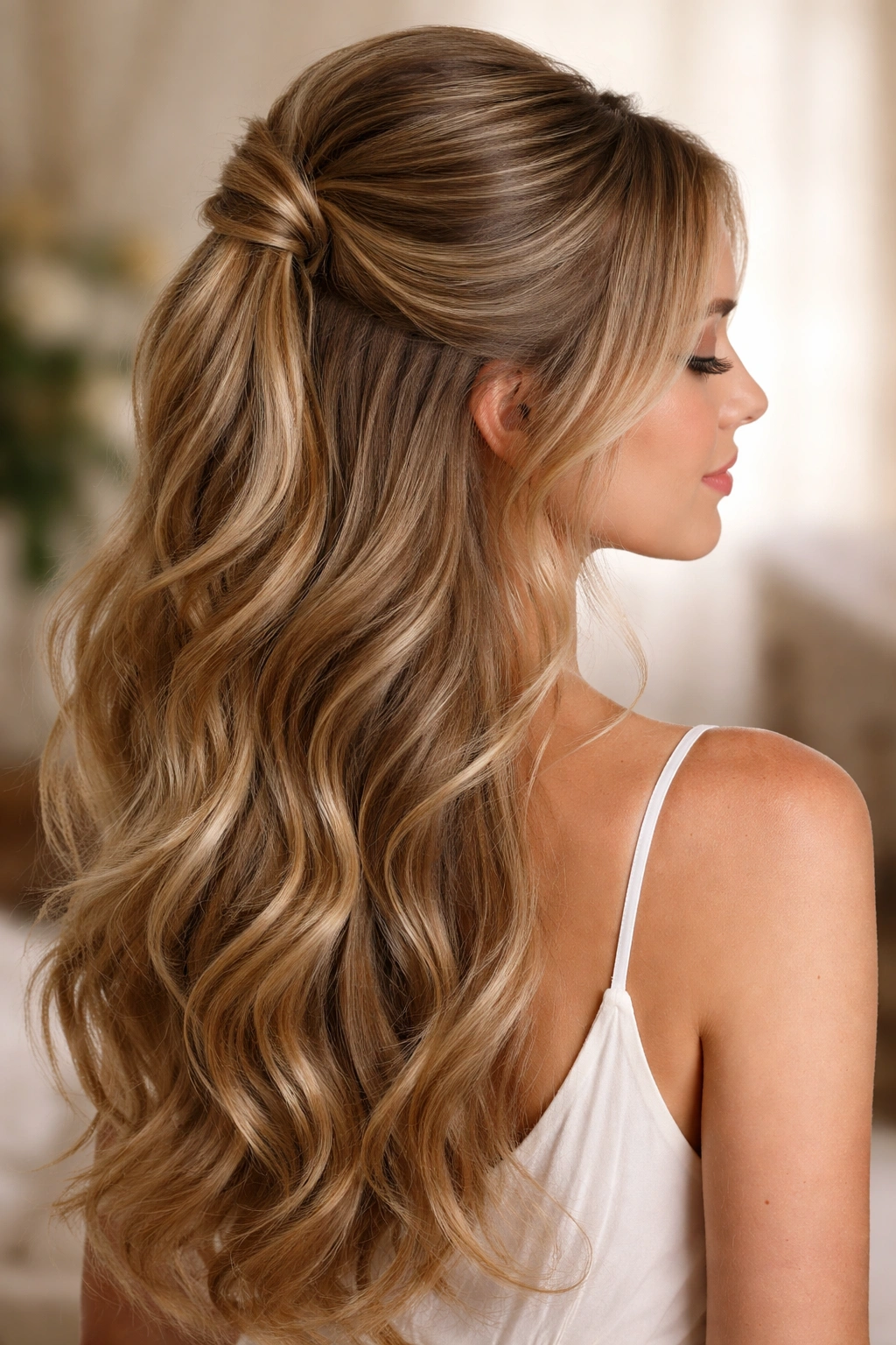 Close-up of a romantic half-up hairstyle with crown volume and loose waves