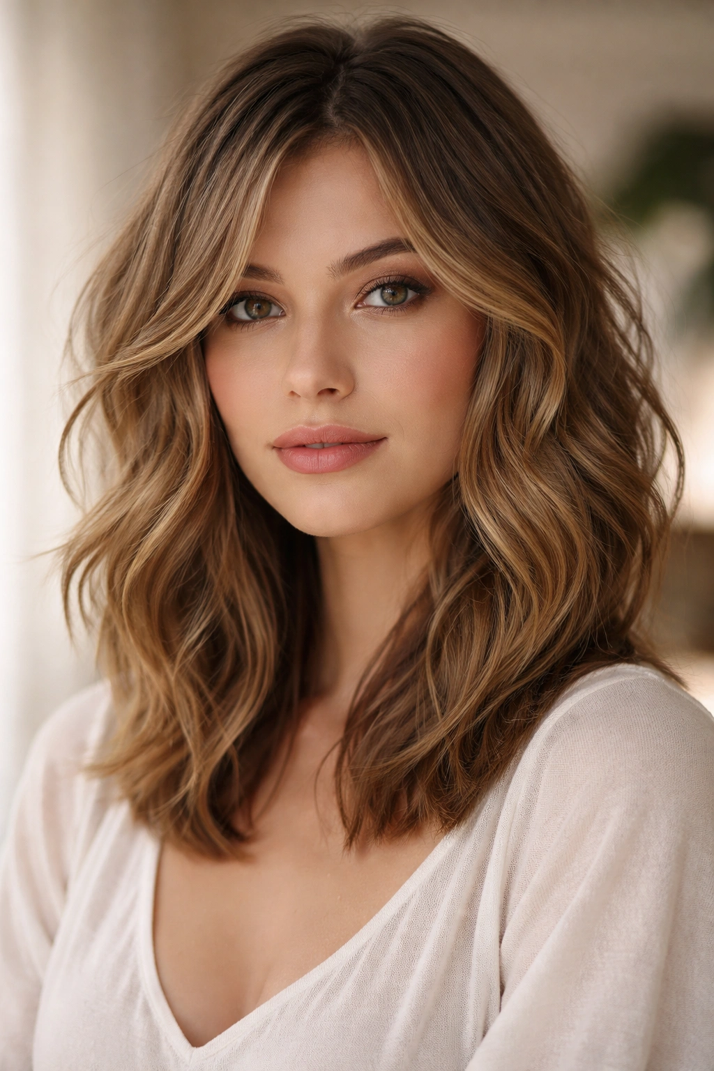 Portrait of a person with a romantic layered lob and soft textured waves