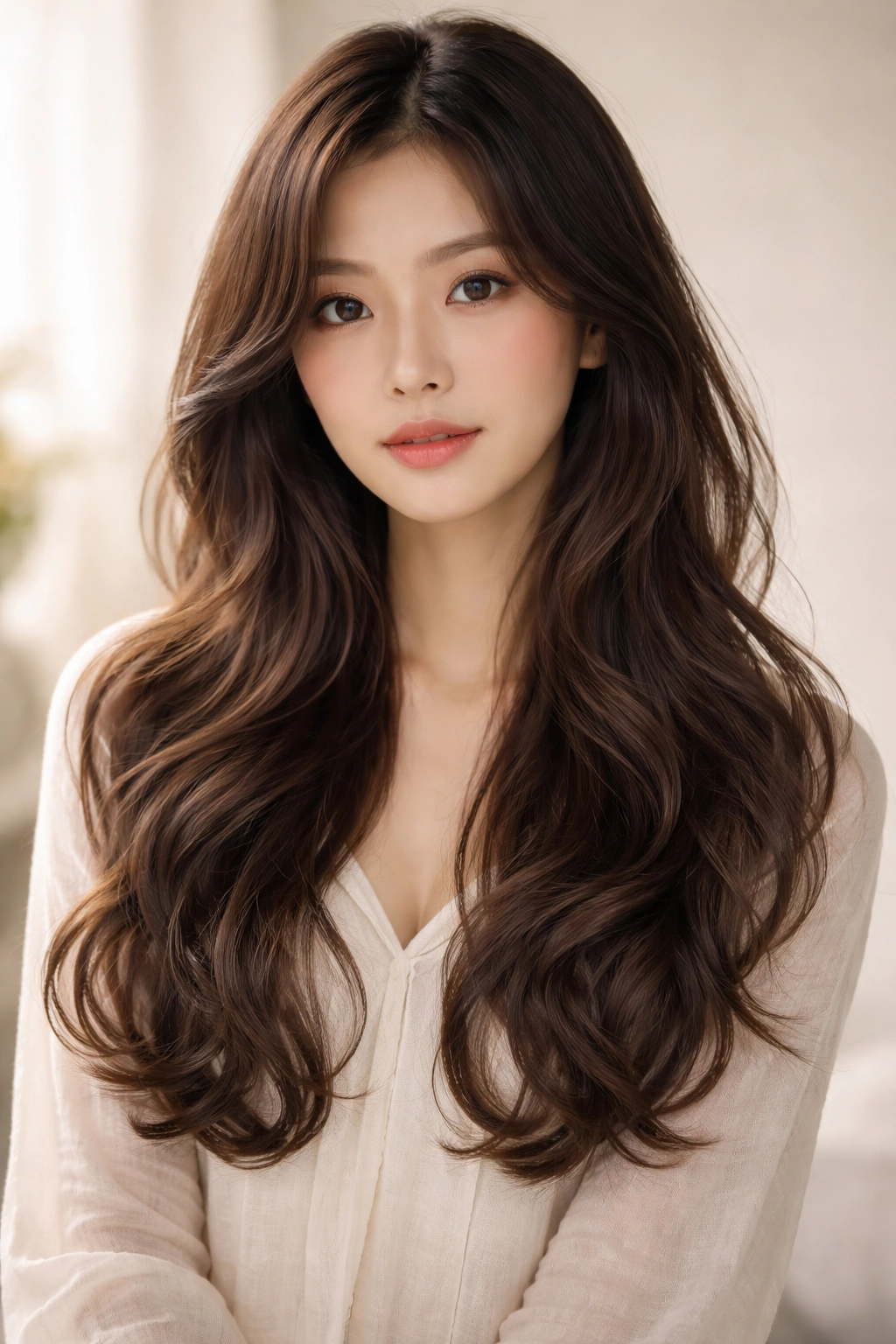 Close-up of long layered waves in a romantic Korean-inspired hairstyle