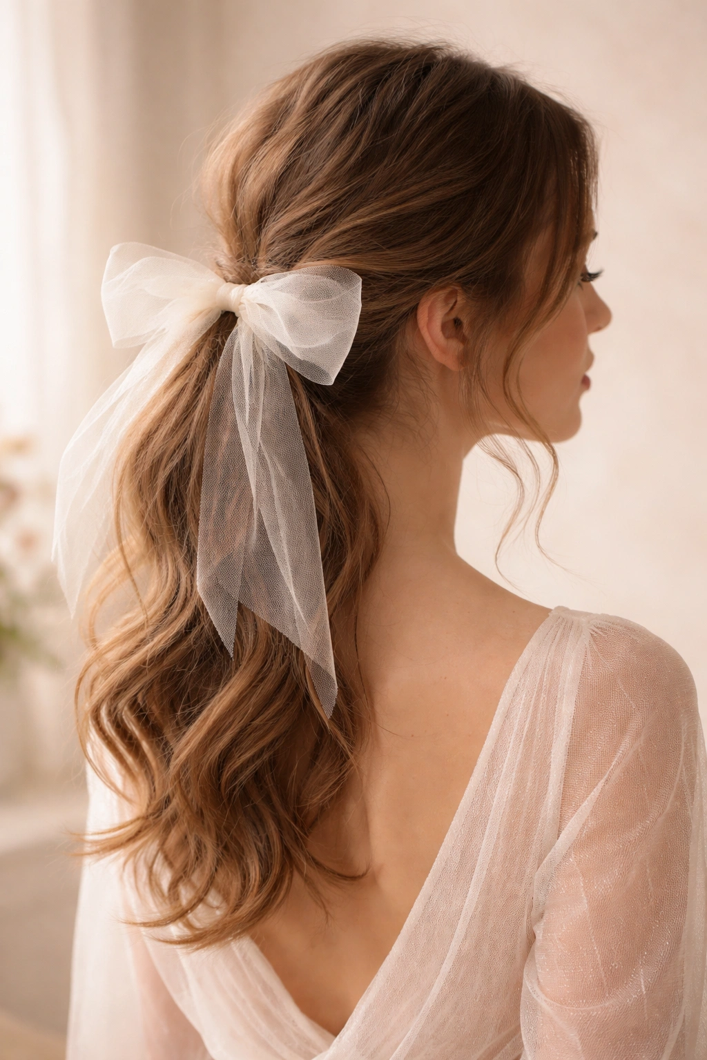 Romantic loose ponytail with sheer bow