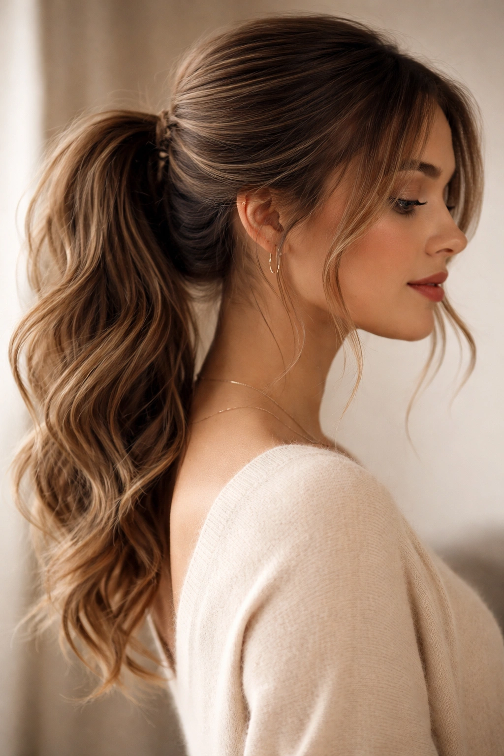Side-profile of a loose, textured ponytail with delicate face-framing strands.