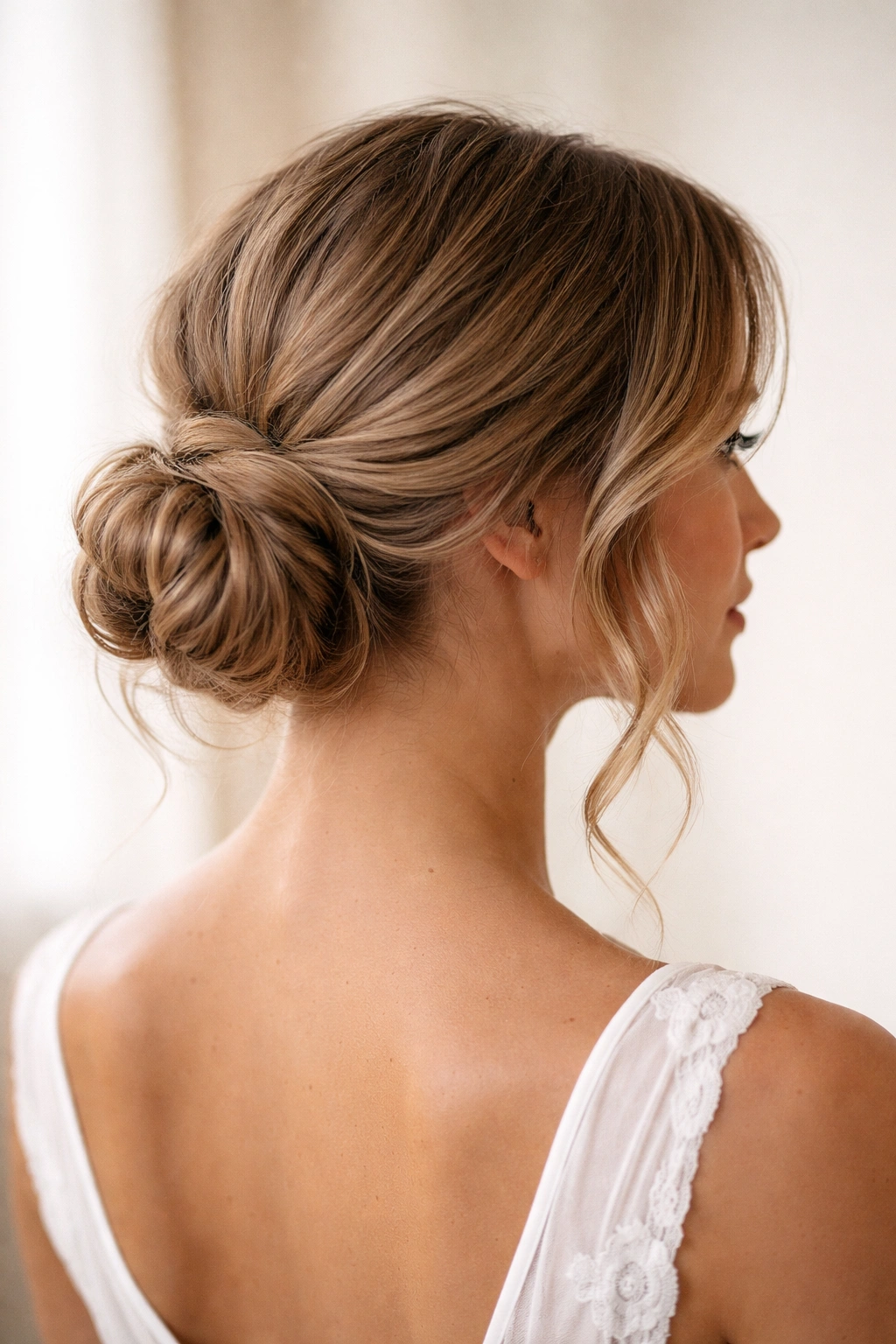 Low bun with face-framing waves and temple pieces