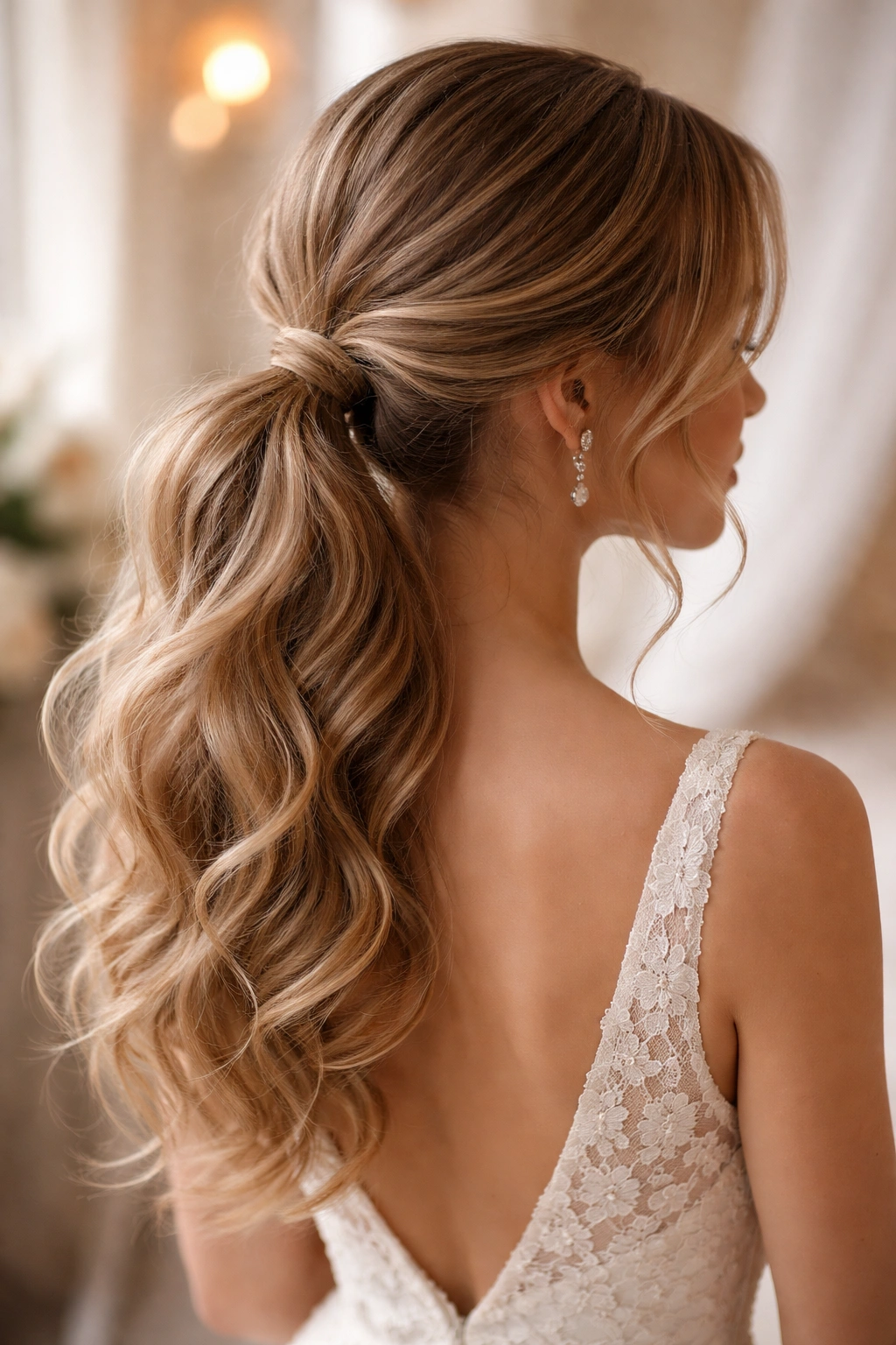 Romantic low ponytail with soft curls and movement