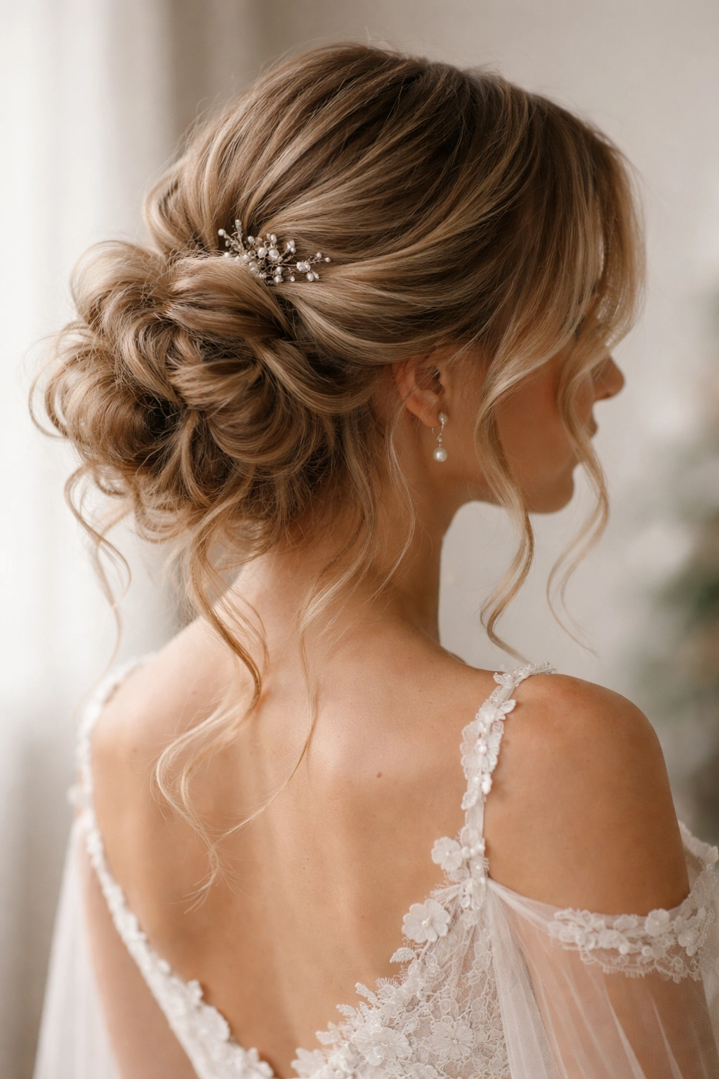 Loose messy waves pinned softly at the back with face-framing tendrils