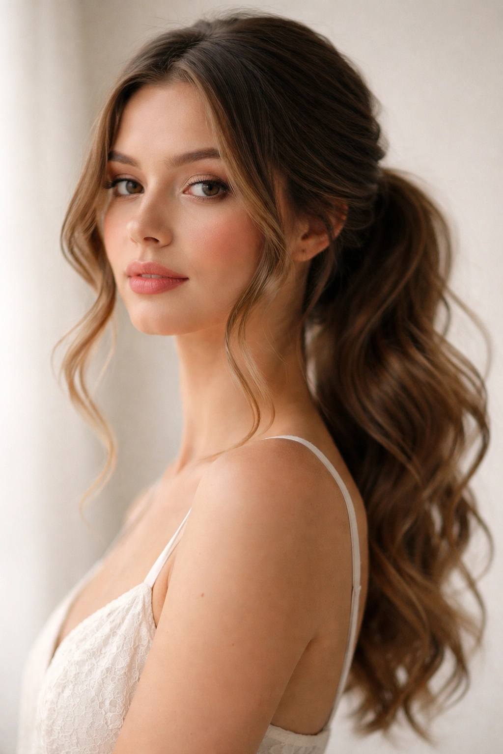 Low pony with soft face-framing tendrils and natural waves