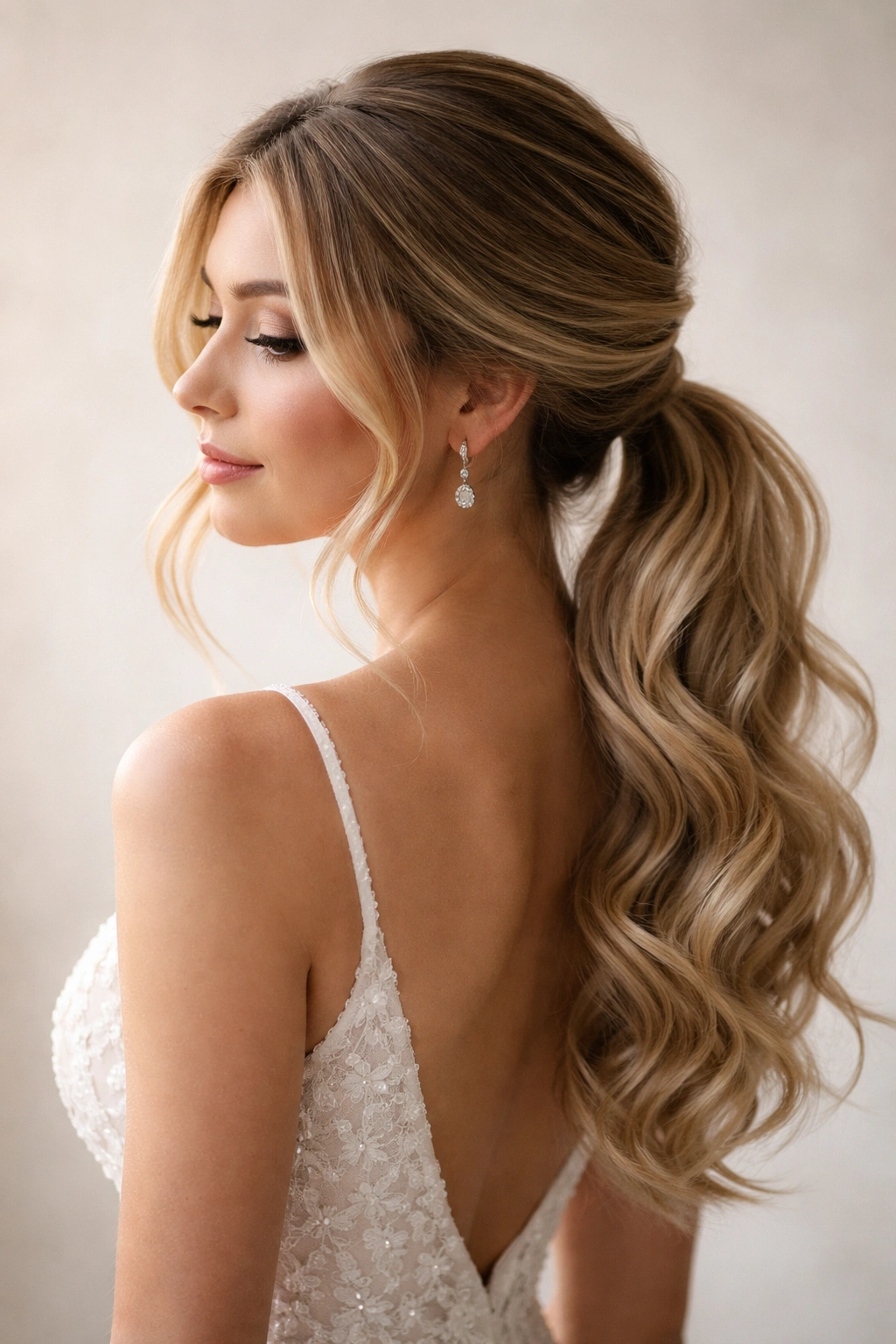 Close-up of a bridal romantic low ponytail with face-framing pieces