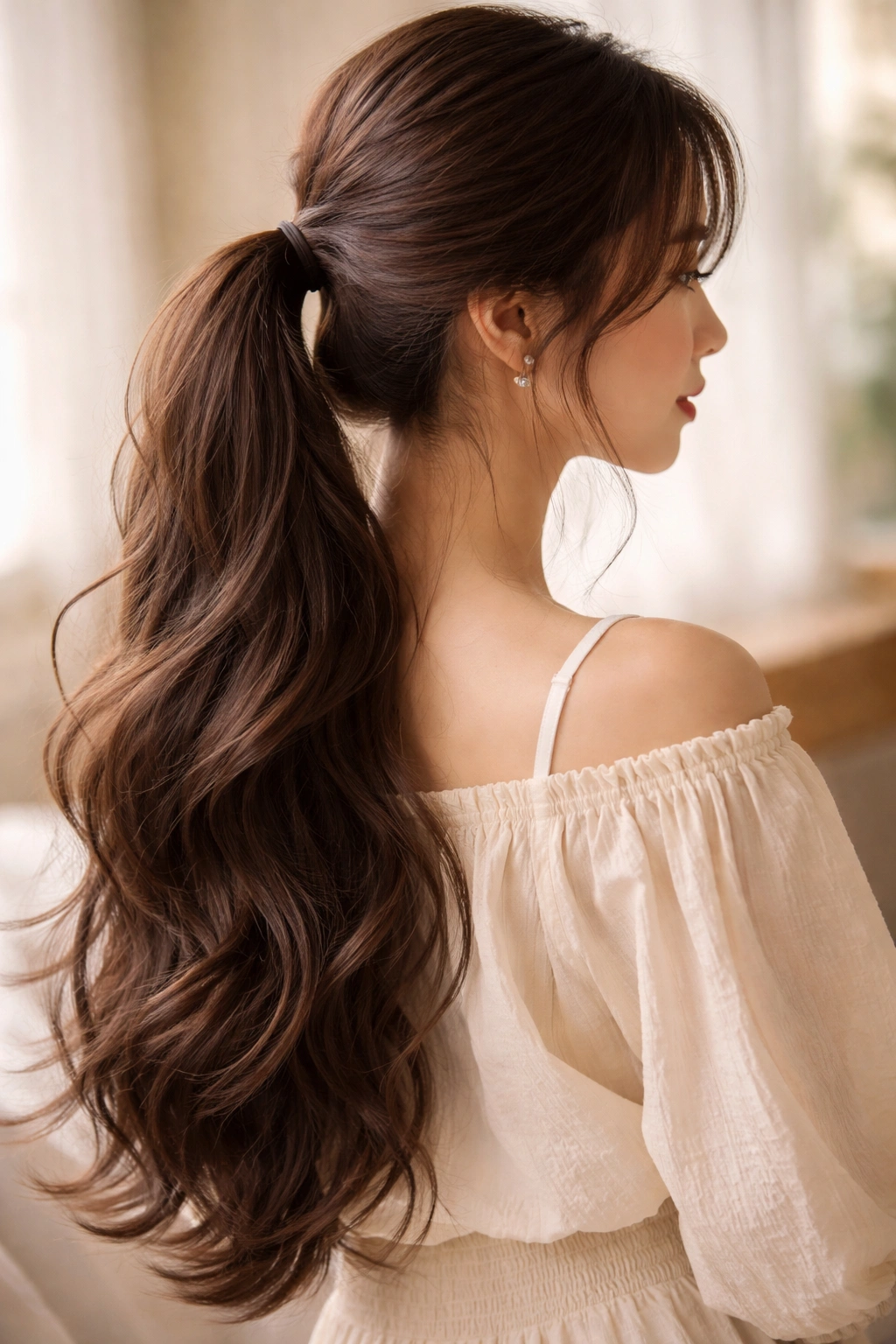Long flowing romantic ponytail with low gathered base and loose face-framing pieces