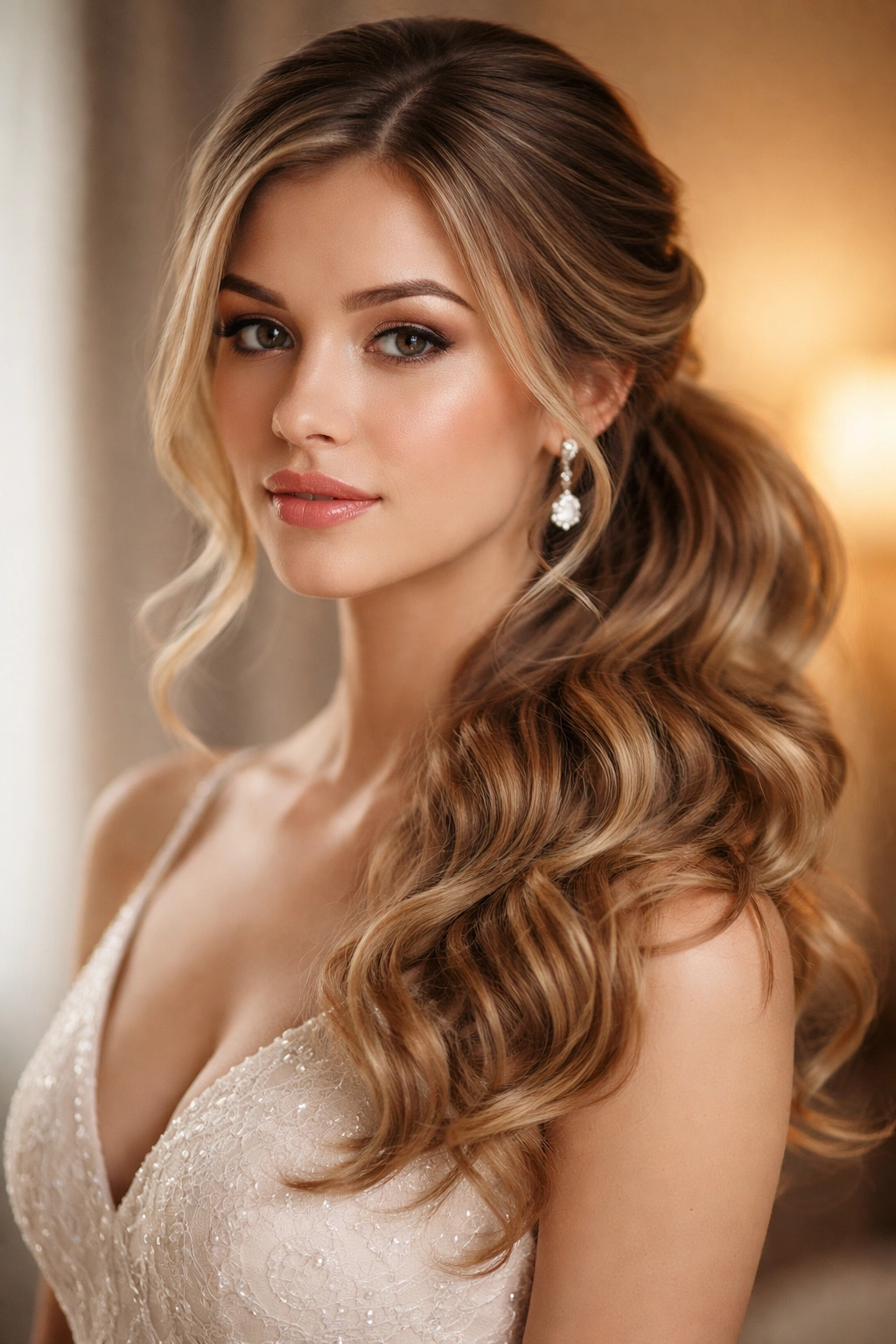 Romantic side ponytail with soft curls behind the ear