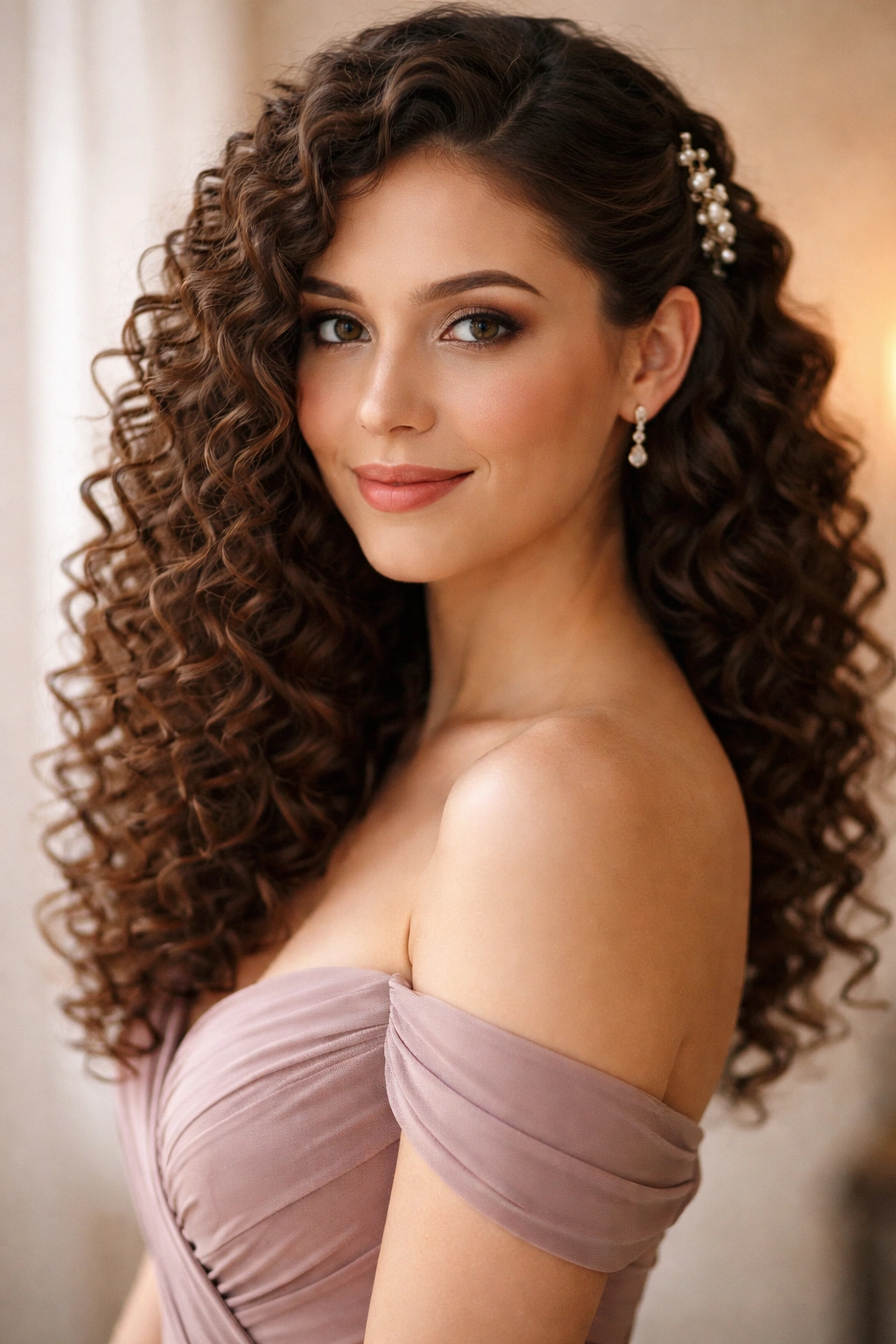 Close-up of a bridesmaid's curly side-swept hairstyle with pins
