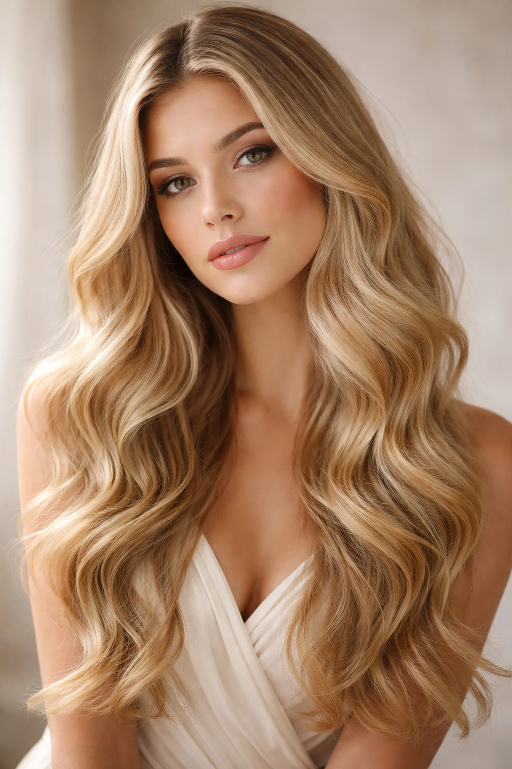 Long blonde hair in romantic soft waves with gentle flow.